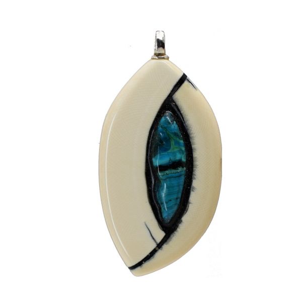 Bonaroca Anhänger fossiles Mammut Elfenbein aus der Eiszeit mit Chrysocolla Einlage, Öse Sterling Silber,  M4832