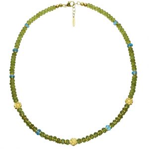 BONA ROCA Edelstein Collier facettierte Peridot und Apatit Rondellen, 3 Blüten in Silber Gold plattiert OK166G