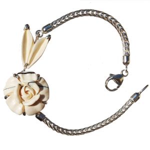 Mammutelfenbein Armband Rose mit Blatt,  Silberfassung und Band 925, M7103